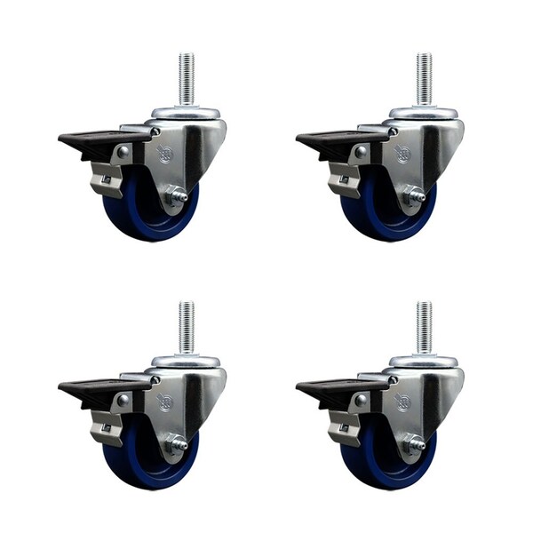 3 Inch Solid Polyurethane Wheel Swivel 58 Inch Threaded Stem Caster Set with Brake SCC
